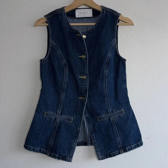Meshki Abel Denim Dark Blue Button Up Sleeveless Top Sz. M - Picture 3 of 8